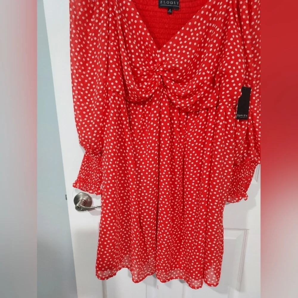 NWOT Eloquii Red & White Polka Dot Twisted Bodice Mini Dress in Size 26 - Picture 6 of 13